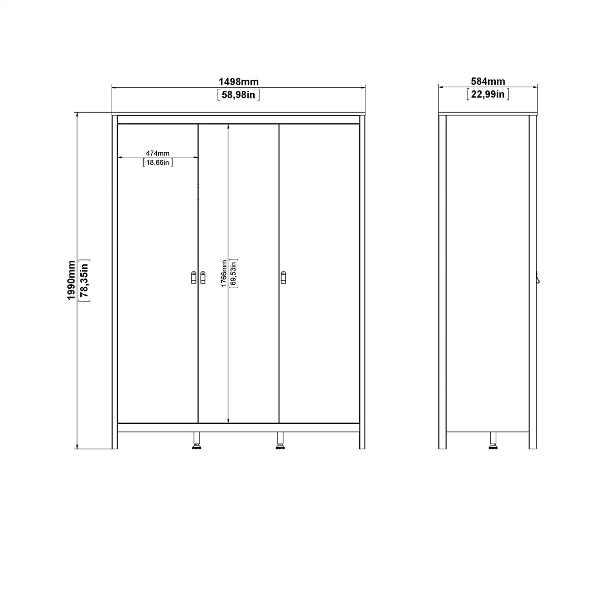 Madrid 3 Piece Bundle, Bedside, Chest and 3 Door Wardrobe in White