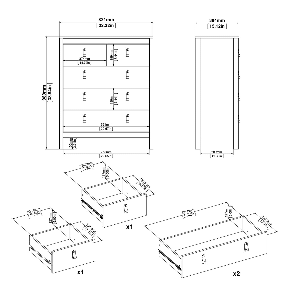 Madrid 3 Piece Bundle, Bedside, Chest and 3 Door Wardrobe in White