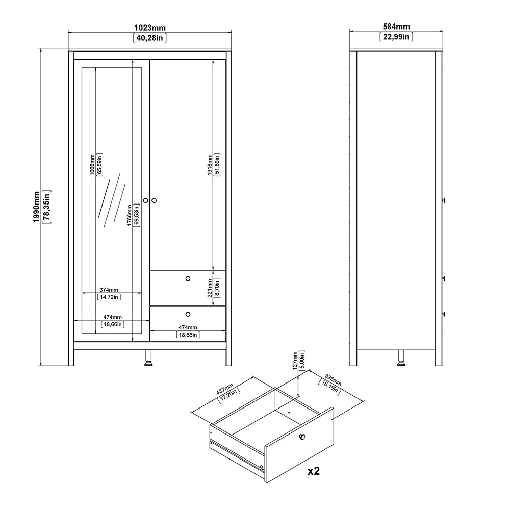 Madrid Wardrobe with 1 door + 1 mirror door + 2 drawers White