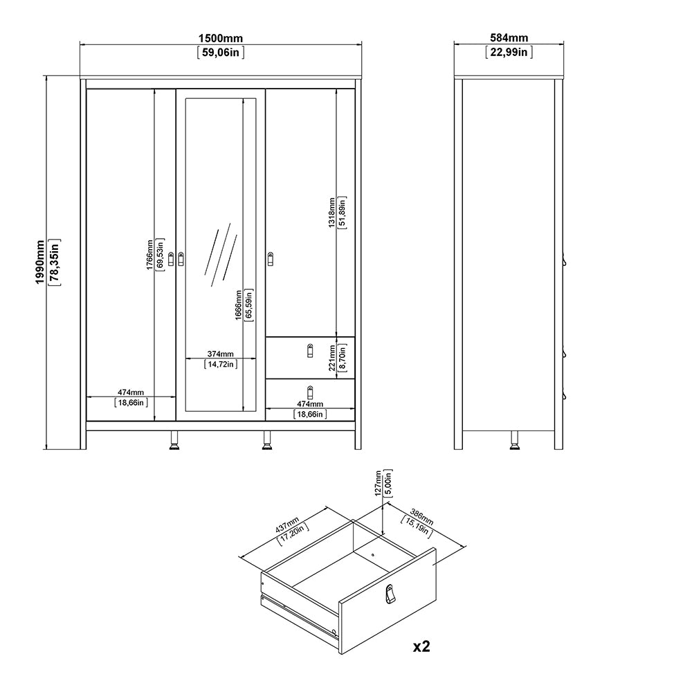 Madrid Wardrobe with 2 doors + 1 mirror door + 2 drawers White