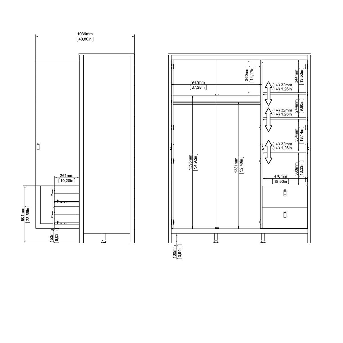 Madrid Wardrobe with 2 doors + 1 mirror door + 2 drawers Matt Black