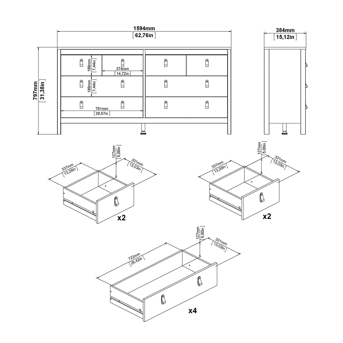 Madrid Double dresser 4+4 drawers in Matt Black