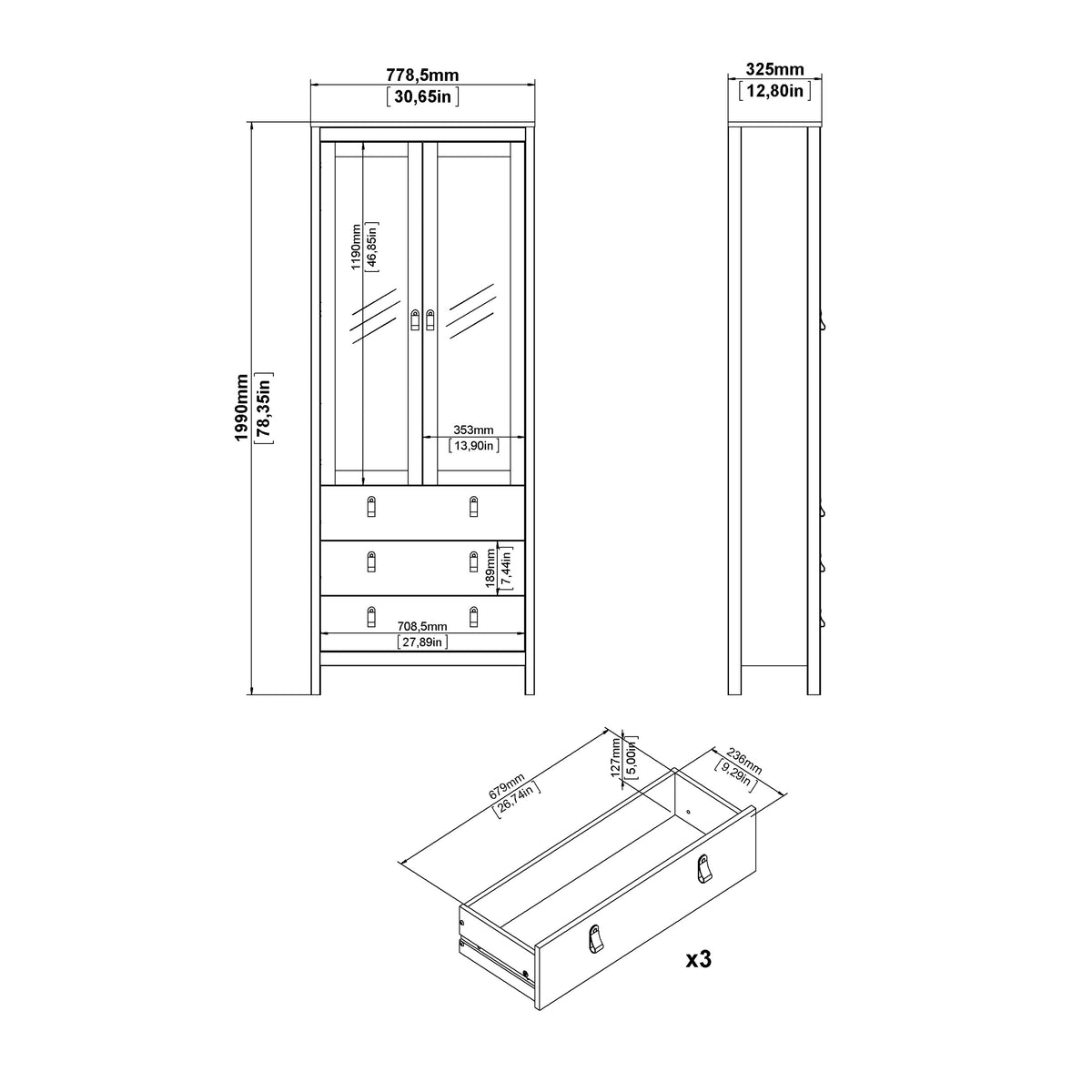 Madrid China cabinet 2 doors w/glass + 3 drawers in White