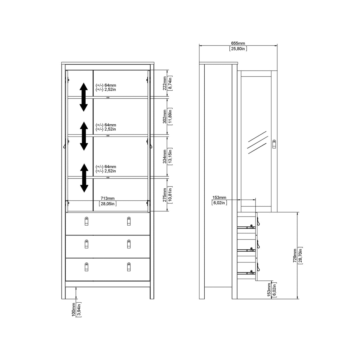 Madrid China cabinet 2 doors w/glass + 3 drawers in White