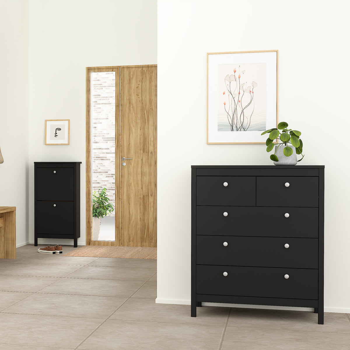 Madrid 3 Piece Bundle, Bedside, Chest and 2 Door Wardrobe in Matt Black