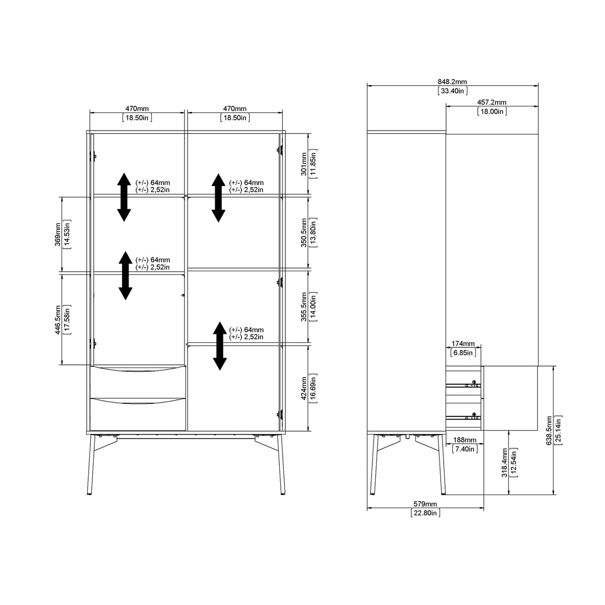 Fur China Cabinet 1 door + 1 Glass Door + 2 Drawers in Grey, White and Walnut