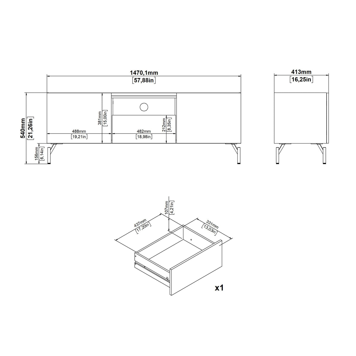 Kendall TV-Unit with 2 Doors + 1 Drawer Oak and Black