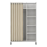 Uppsala Open Mobile Wardrobe Unit in White with a Beige Textile Curtain on Wheels