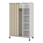 Uppsala Open Mobile Wardrobe Unit in White with a Beige Textile Curtain on Wheels