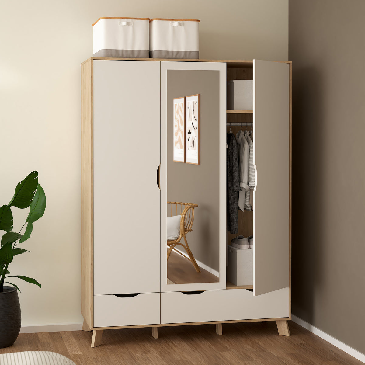 Ikast Wardrobe 3 Doors and 2 Drawers with Mirror in Jackson Hickory and White