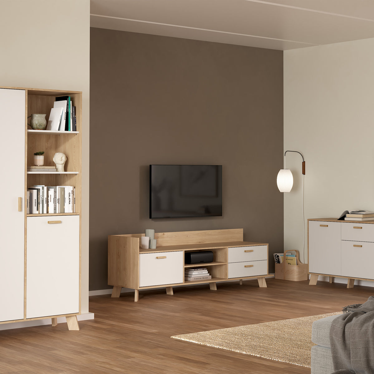 Ikast TV-Unit with 1 Door + 2 Drawers in Jackson Hickory and White