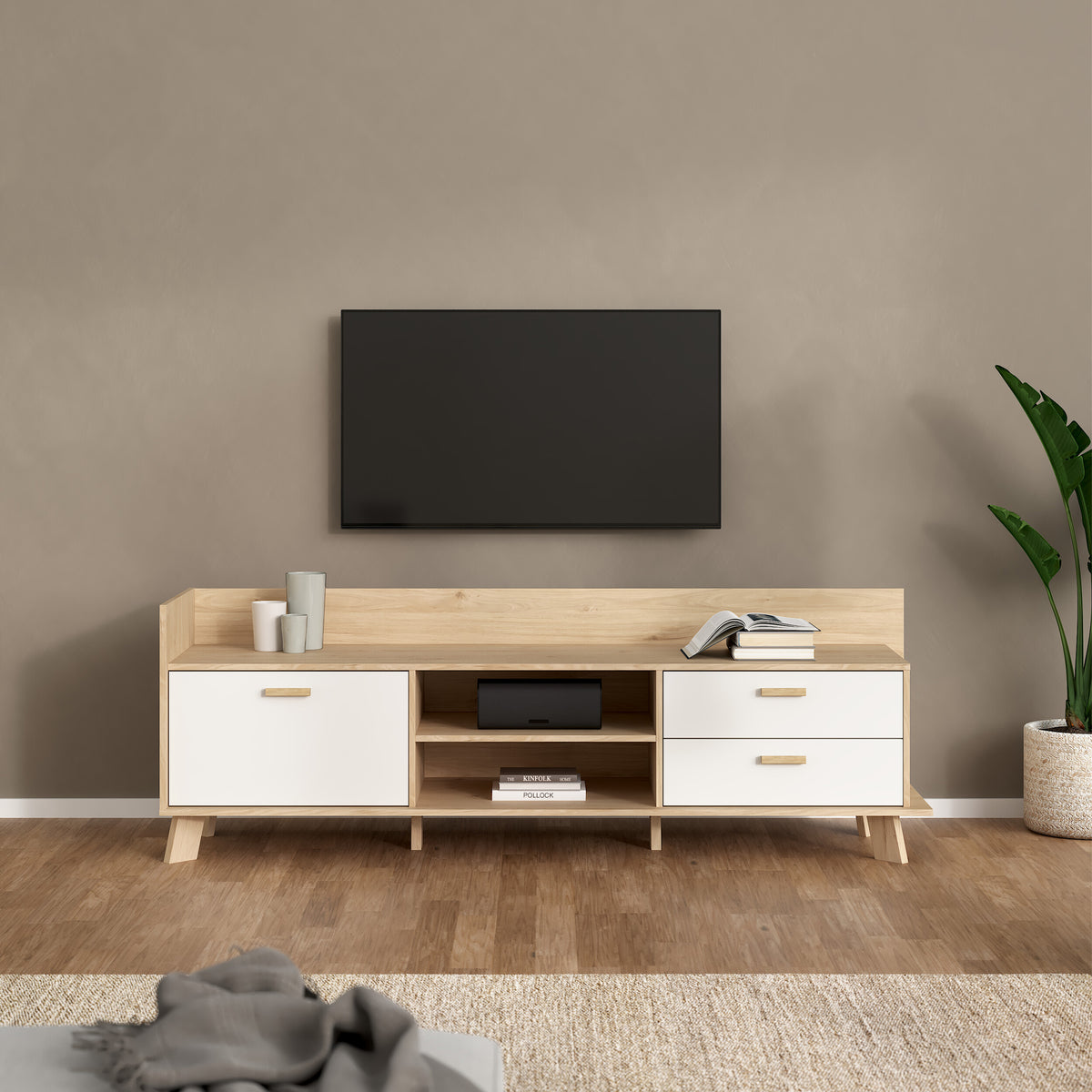 Ikast TV-Unit with 1 Door + 2 Drawers in Jackson Hickory and White