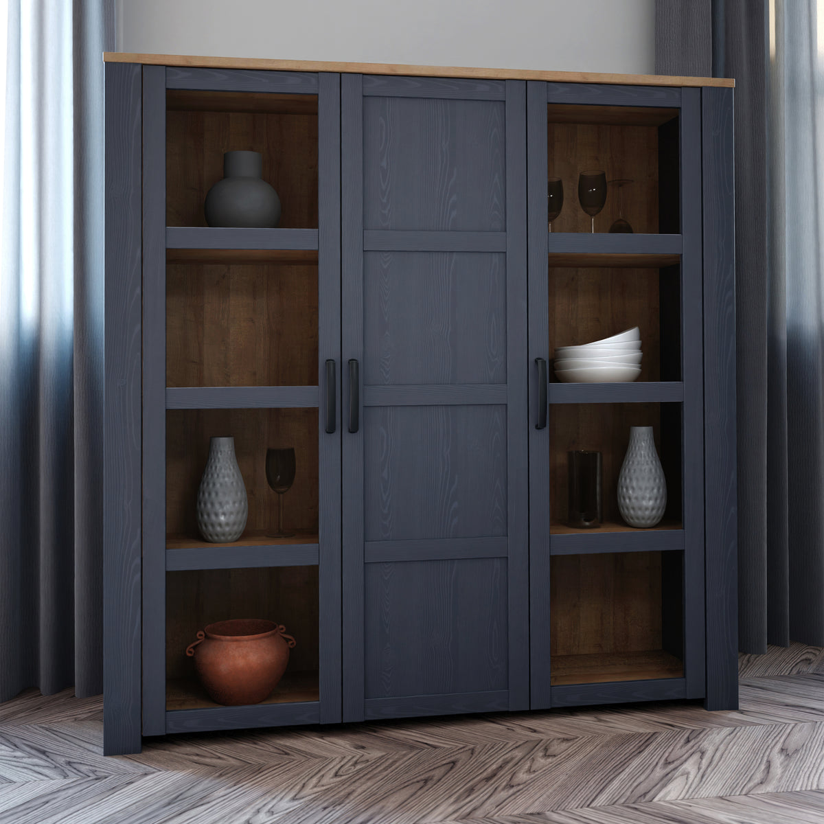 Bohol Large Display Cabinet in Riviera Oak/Navy