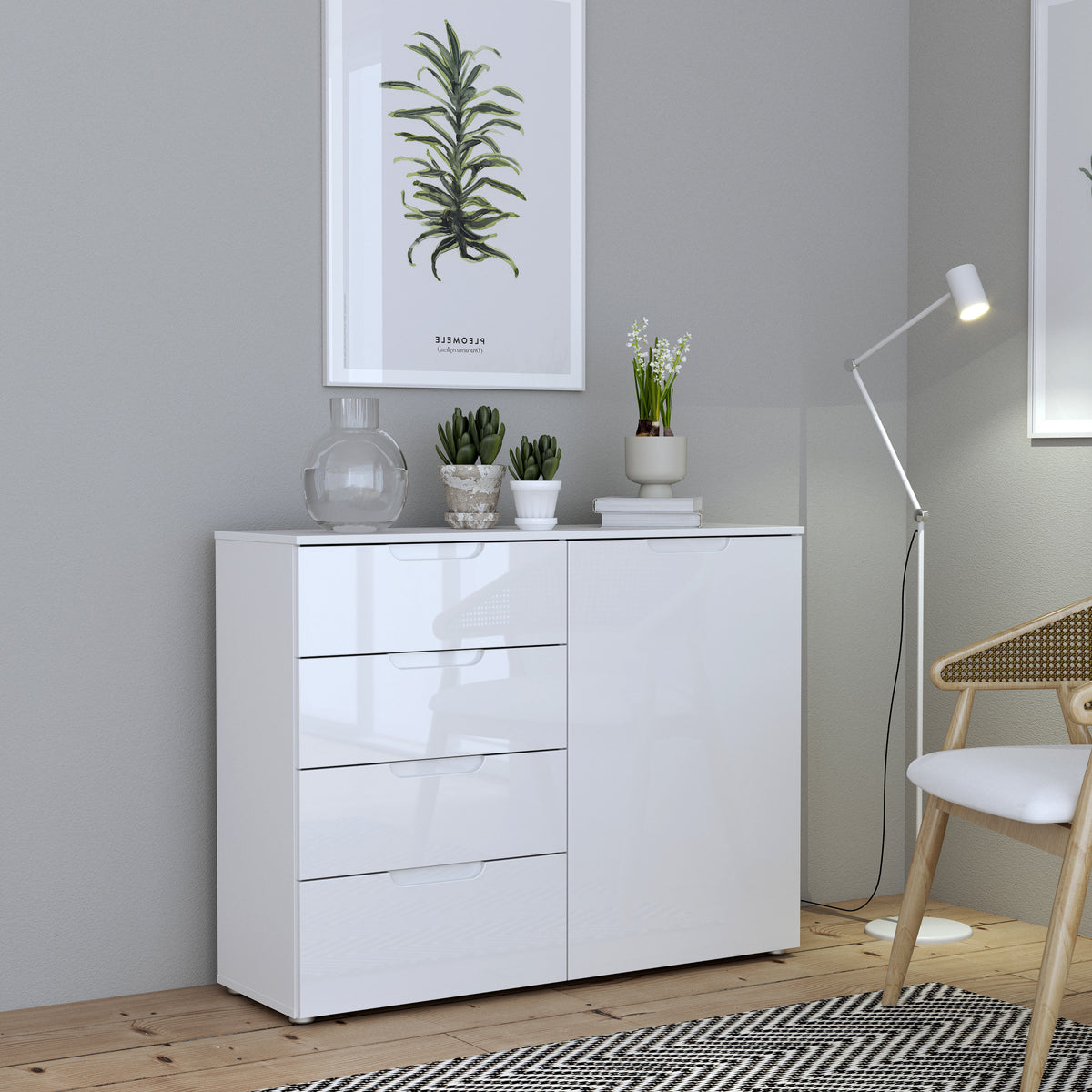 Sienna 4 Chest of Drawers 1 Door in White/White High Gloss