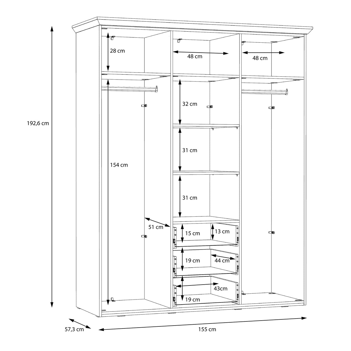 Iloppa 3 Door Wardrobe in Snowy Oak/Oak Nelson