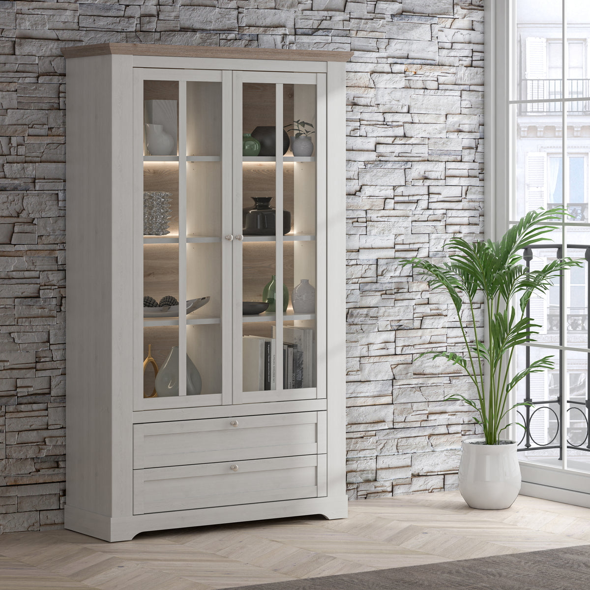 Iloppa Display Cabinet in Snowy Oak/Oak Nelson