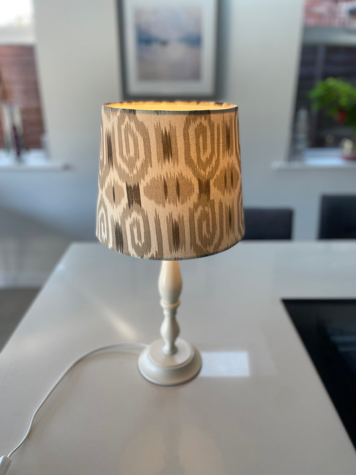 Handmade Empire or Candle Clip Lampshade in Beige and Cream Ikat fabric