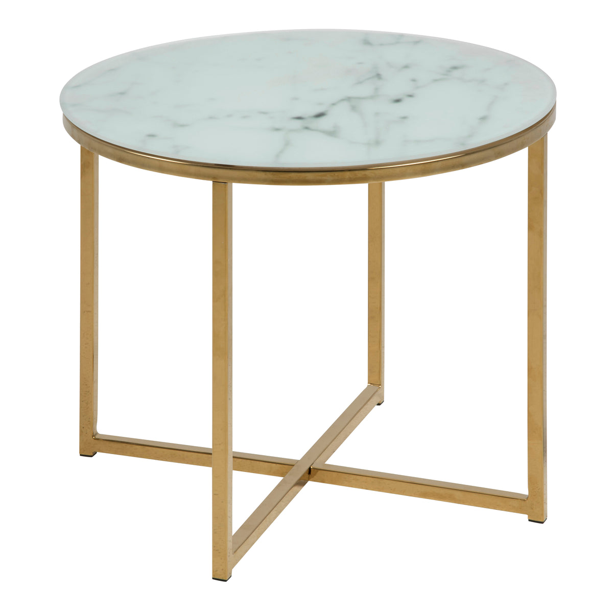 Alisma Round Side Table with White Marble Effect Glass Top & Gold Legs