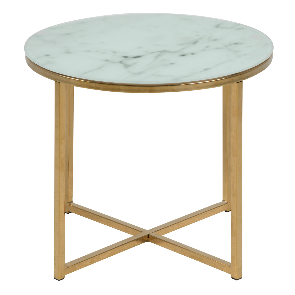 Alisma Round Side Table with White Marble Effect Glass Top & Gold Legs