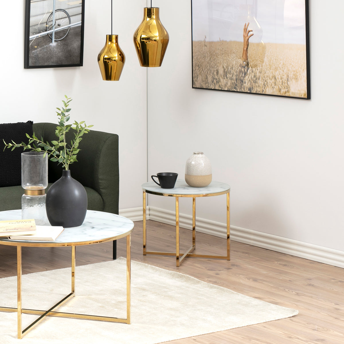 Alisma Round Side Table with White Marble Effect Glass Top & Gold Legs