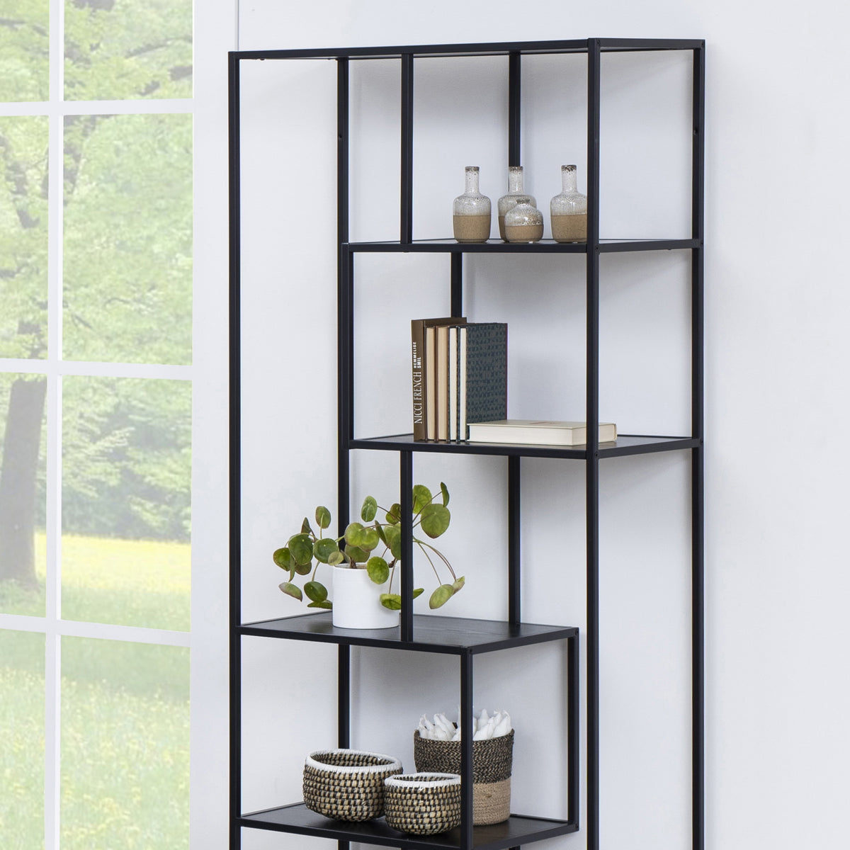 Seaford Tall Black Metal Bookcase with 5 Black Shelves