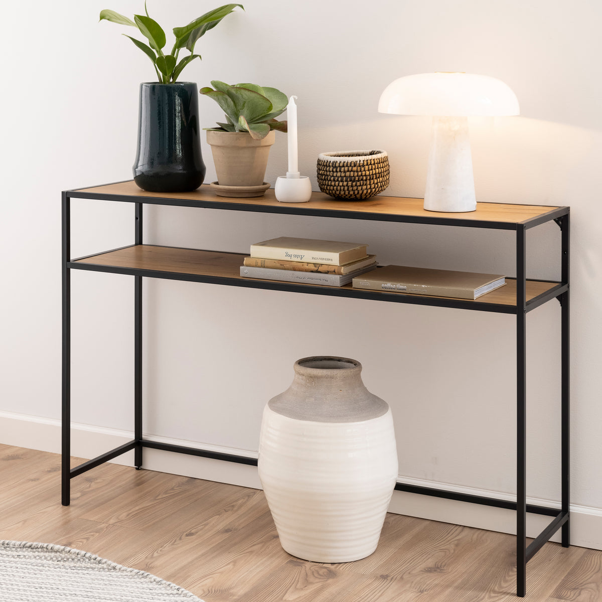 Seaford Black Metal Console Table With Oak Top