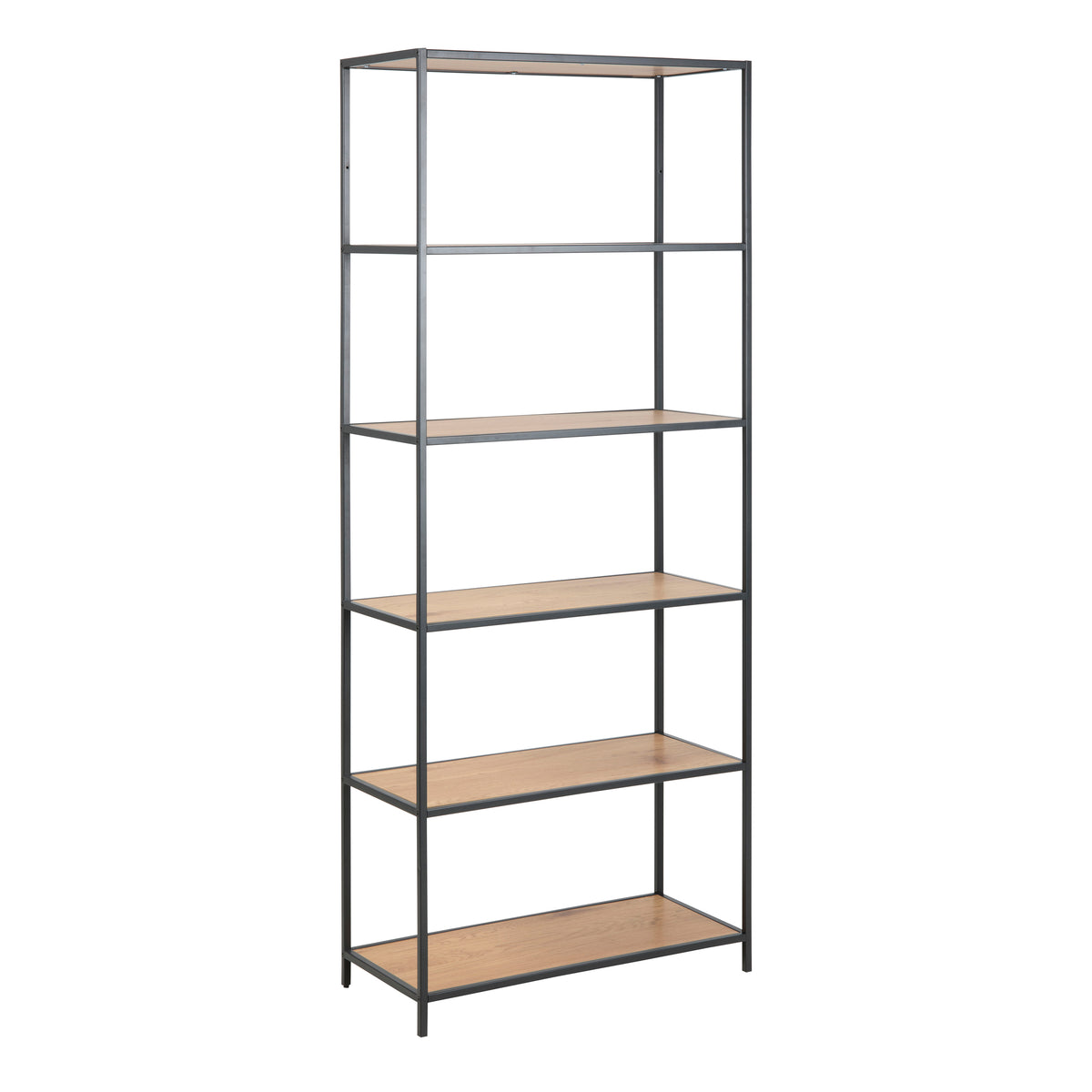 Seaford Tall Black Metal Bookcase with 5 Shelves in Oak