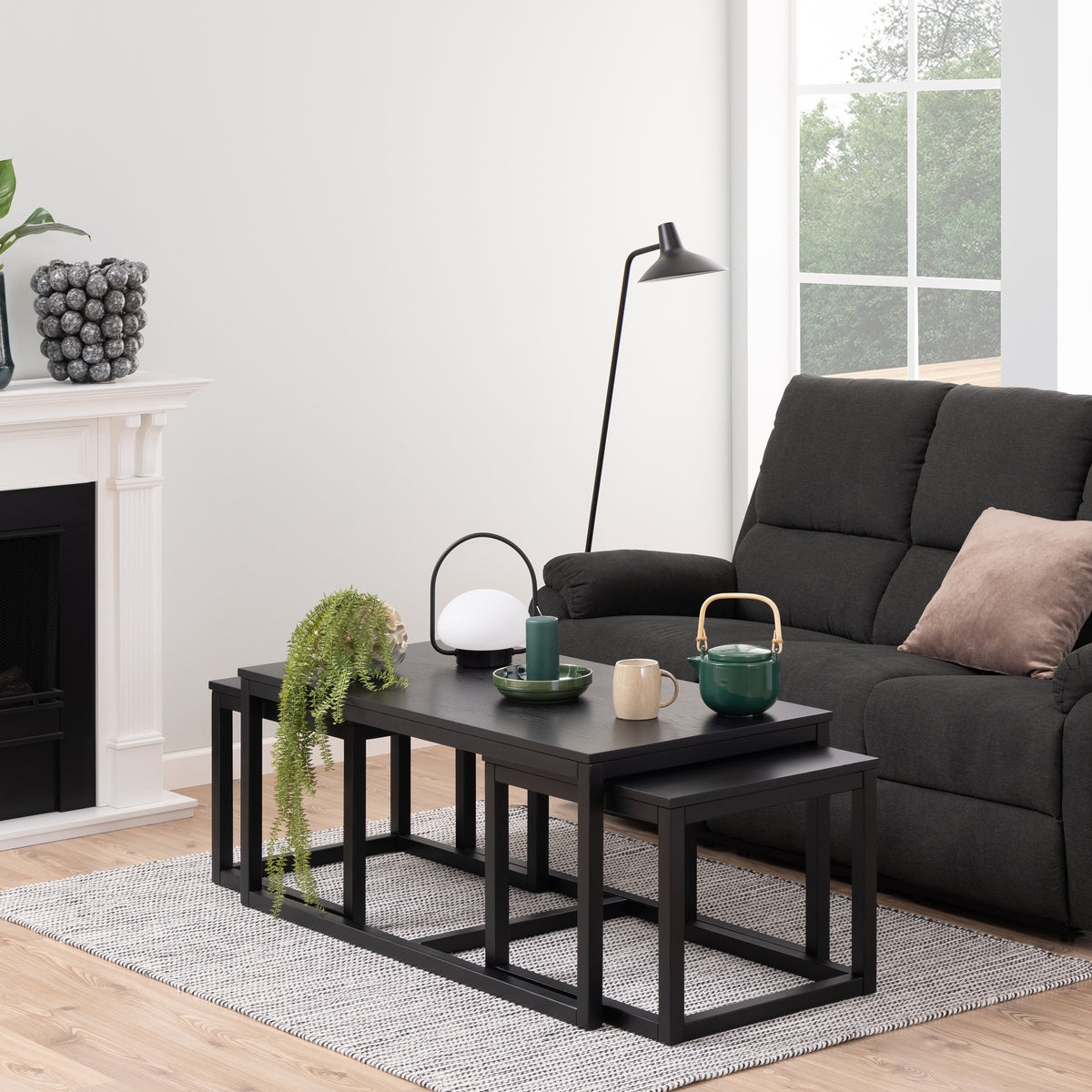 Cornus Square Coffee Table Set in Matt Black Set of 3