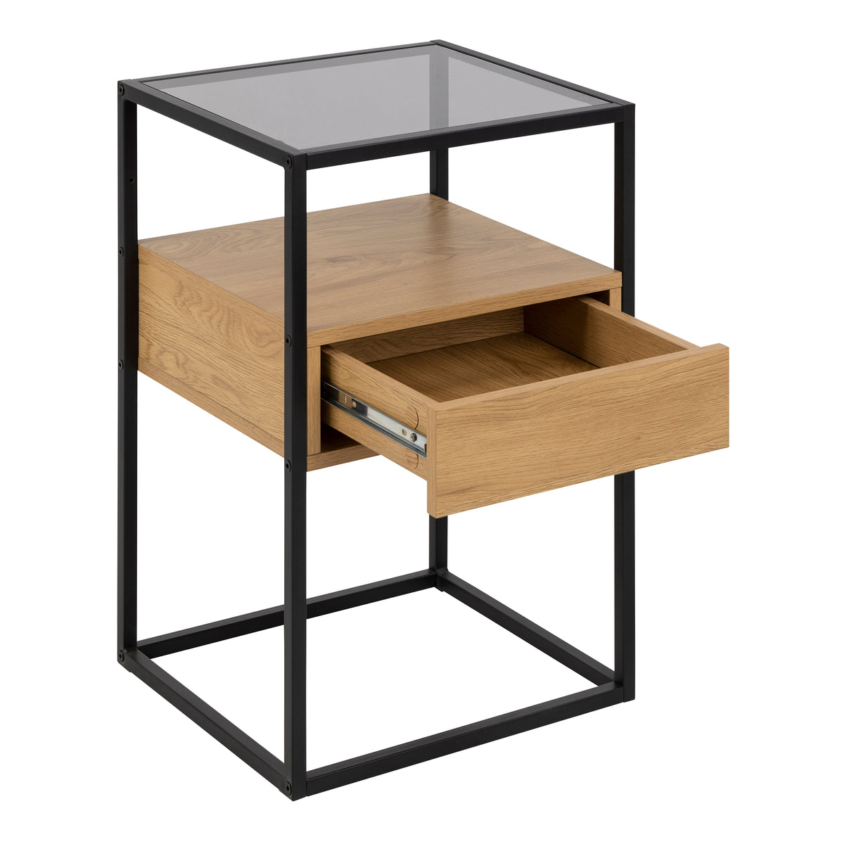 Randolf Square Bedside Table with 1 Drawer in Black and Oak