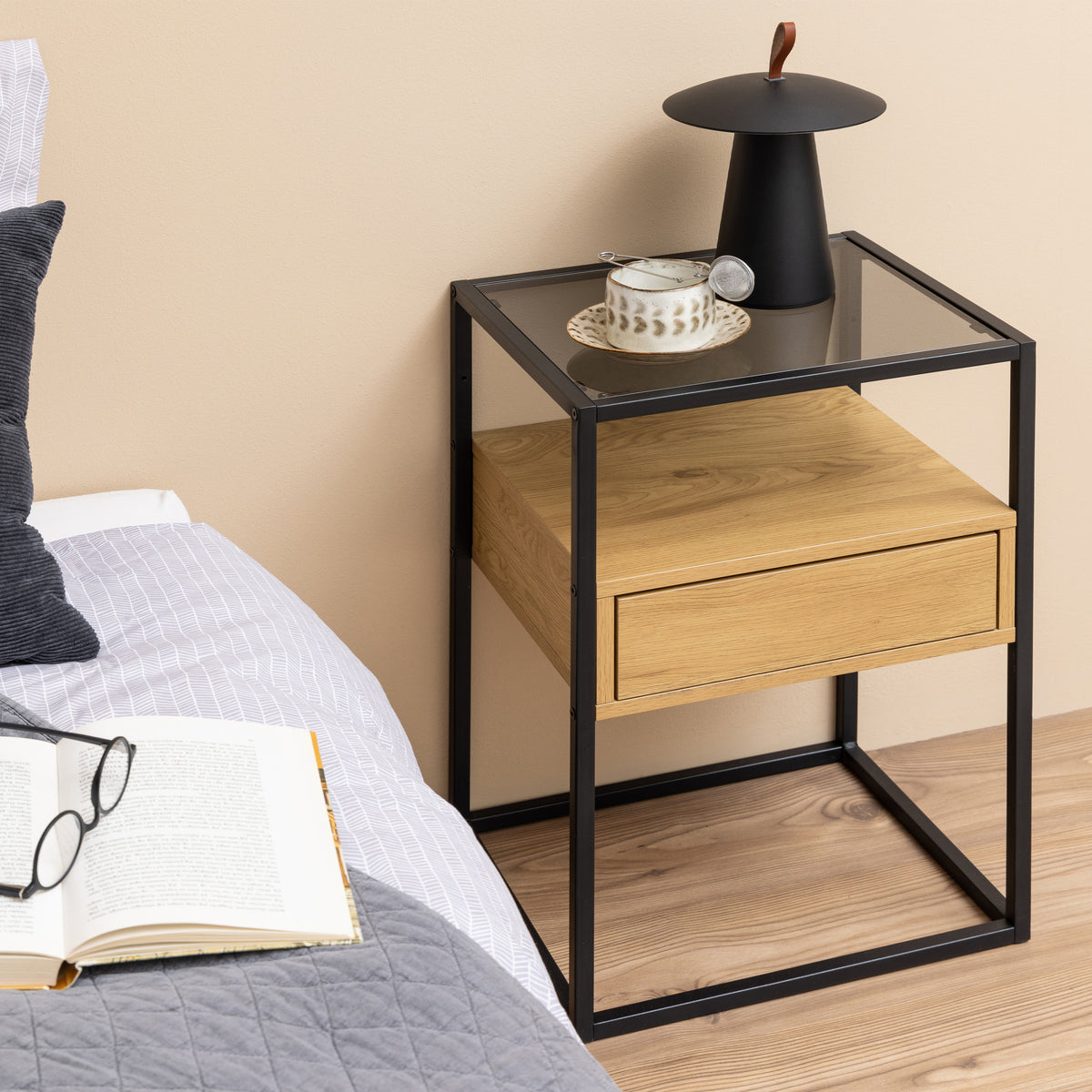 Randolf Square Bedside Table with 1 Drawer in Black and Oak