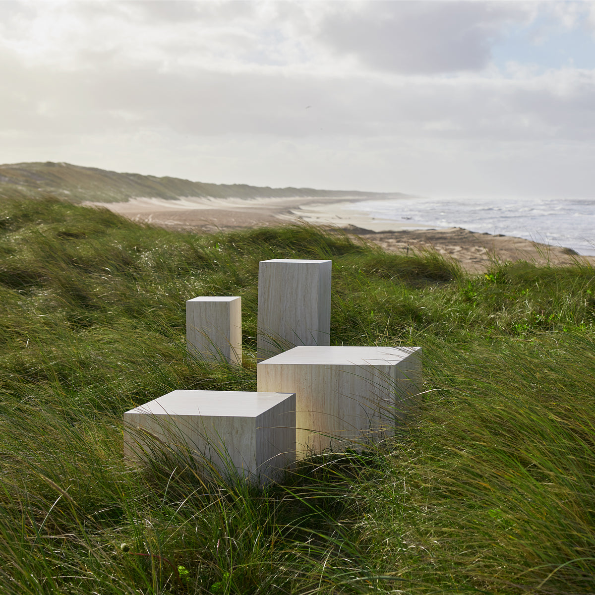 Dice Square Coffee Table Set in Light Travertine Effect