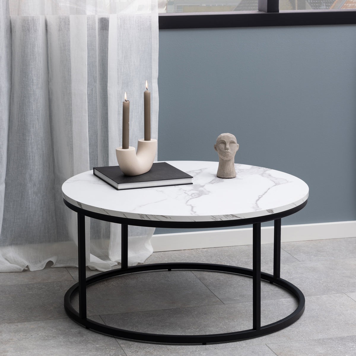 Spiro Coffee Table with White Marble Melamine Top & Black Legs