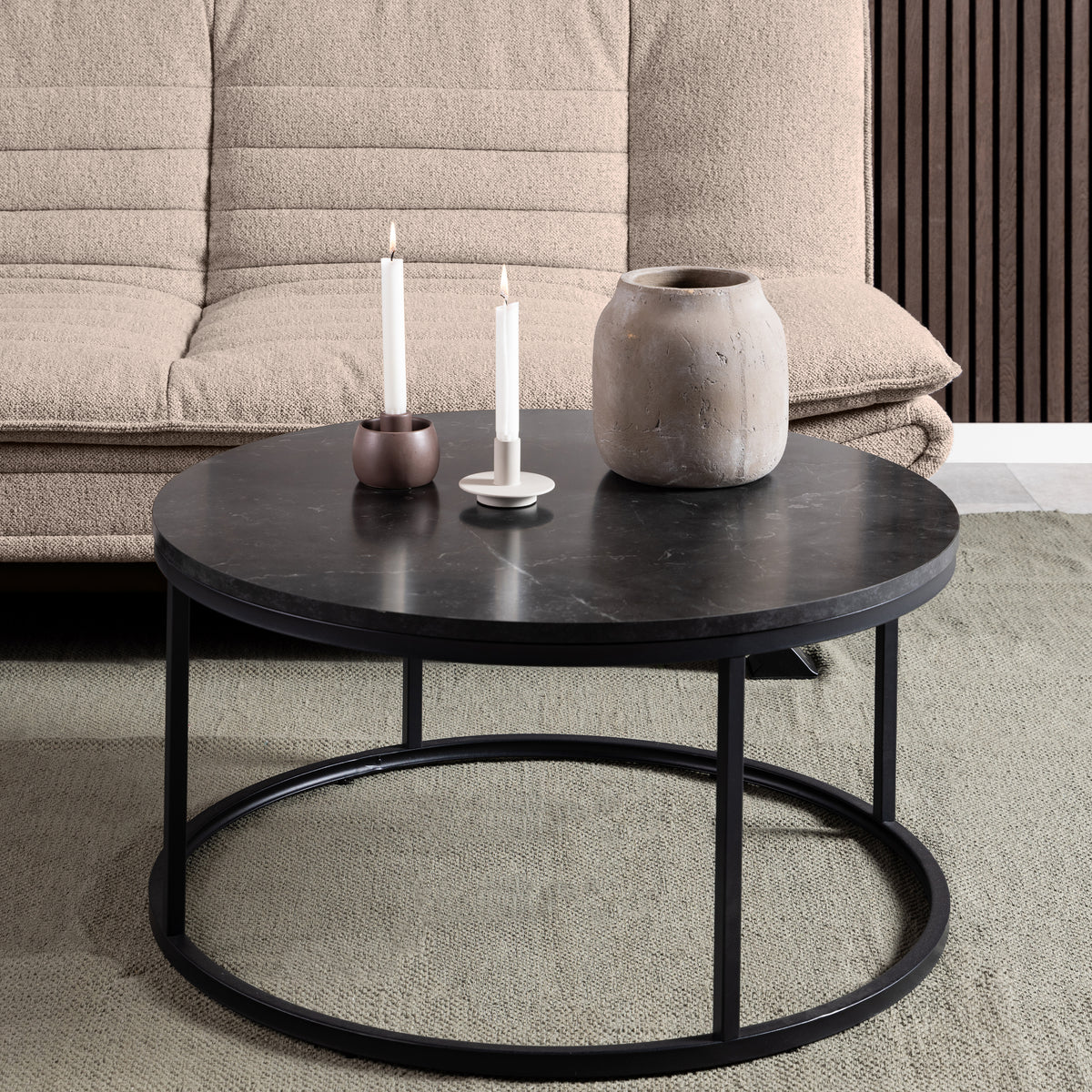 Spiro Coffee Table with Black Marble Melamine Top & Black Legs