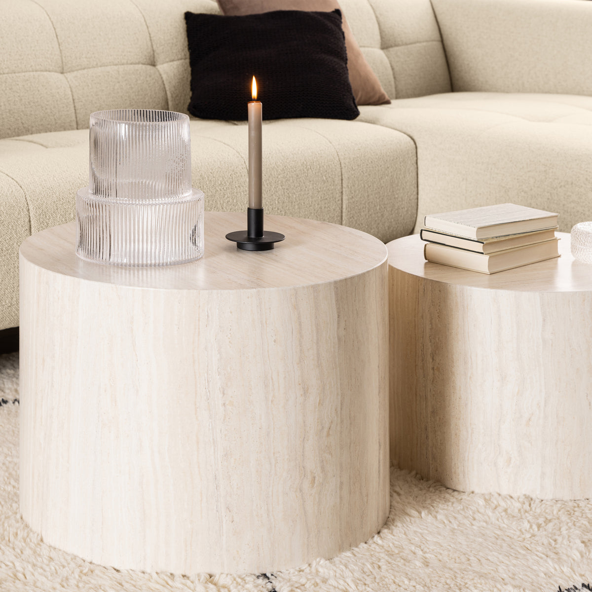 Dice Round Coffee Table Set in Light Travertine Effect