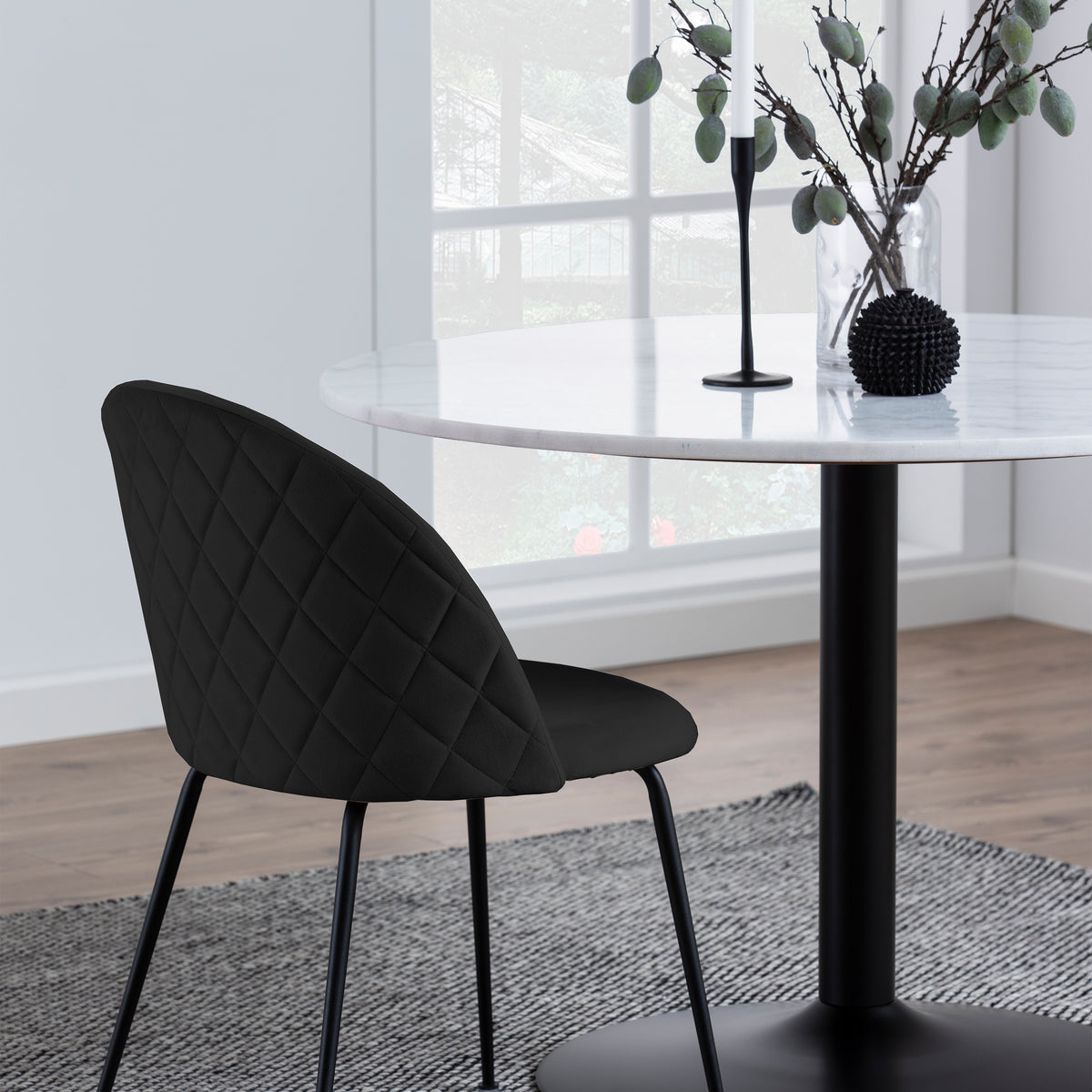 Tarifa Round Dining Table with White Polished Marble Top and Black Base