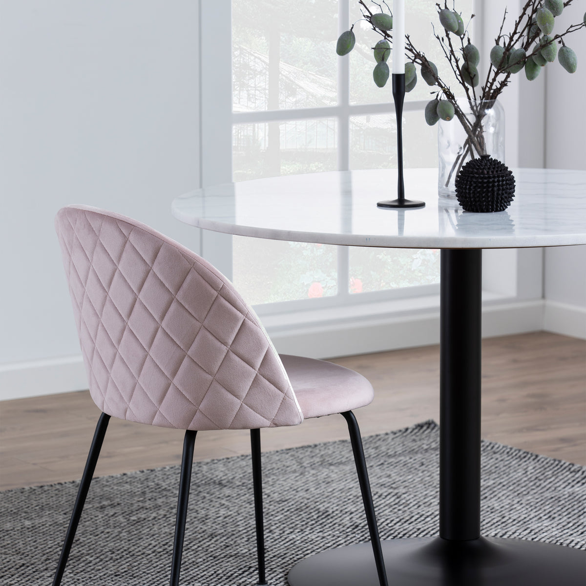 Tarifa Round Dining Table with White Polished Marble Top and Black Base