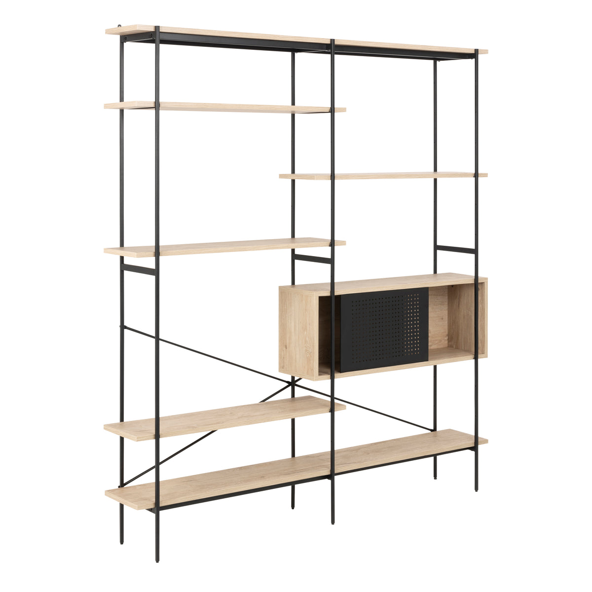 Angus Bookcase with 1 Sliding Door & 5 Shelves in White Oak & Black