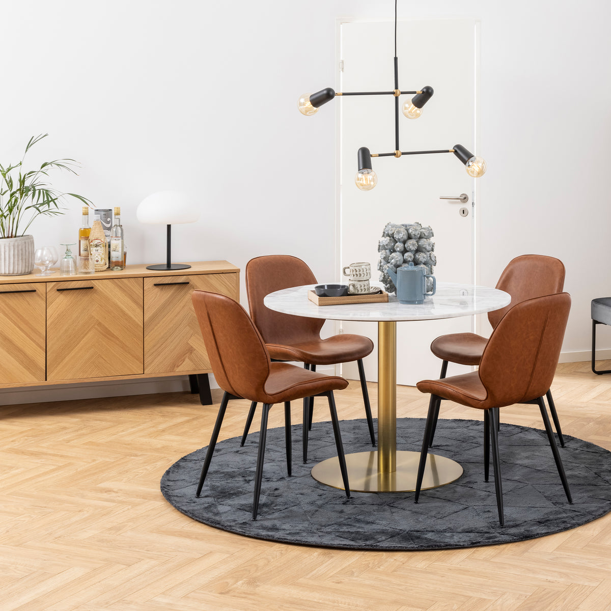 Corby Round Dining Table with White Polished Marble Top & Gold Base