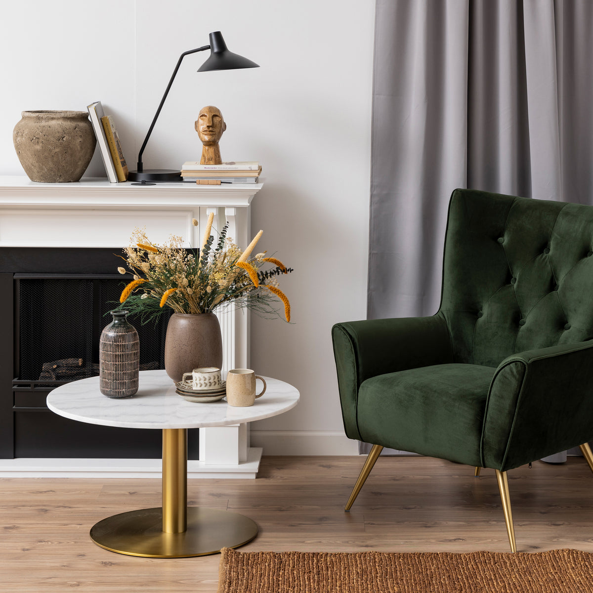 Corby Round Coffee Table with White Polished Marble Top & Gold Base