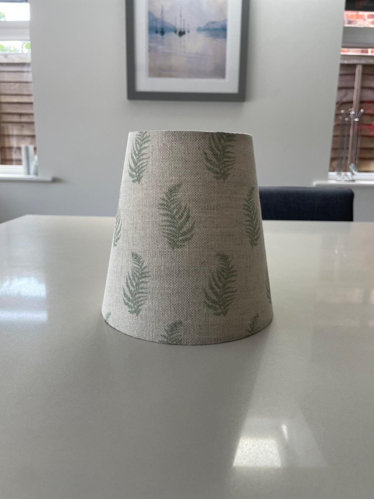 Handmade Empire or Candle Clip Lampshade in Beige and Green Leaf linen fabric
