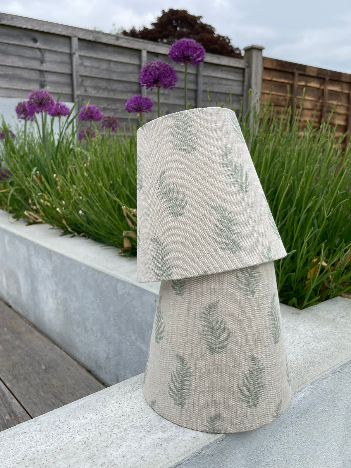 Handmade Empire or Candle Clip Lampshade in Beige and Green Leaf linen fabric