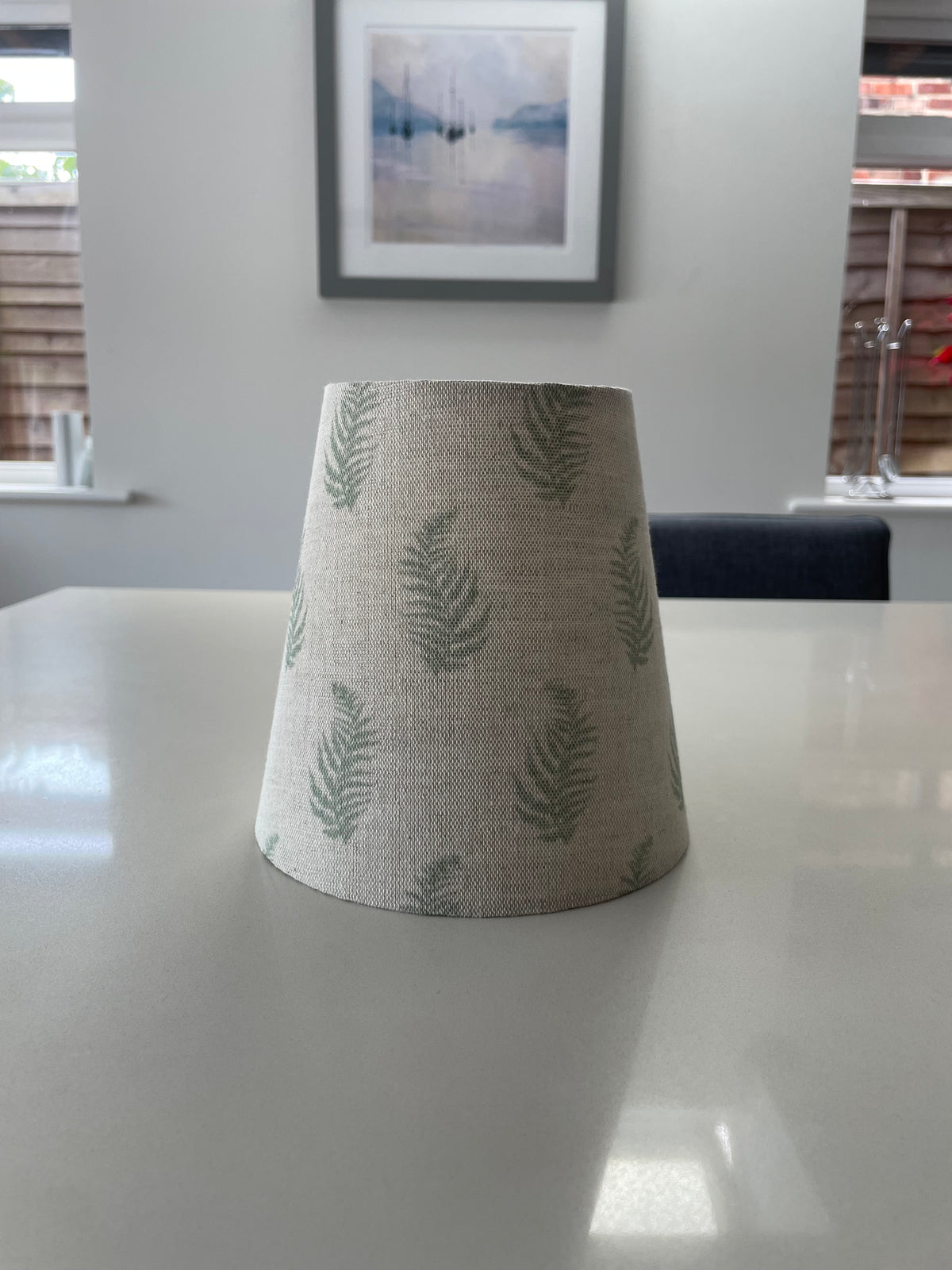 Handmade Empire or Candle Clip Lampshade in Beige and Green Leaf linen fabric