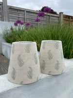 Handmade Empire or Candle Clip Lampshade in Beige and Green Leaf linen fabric