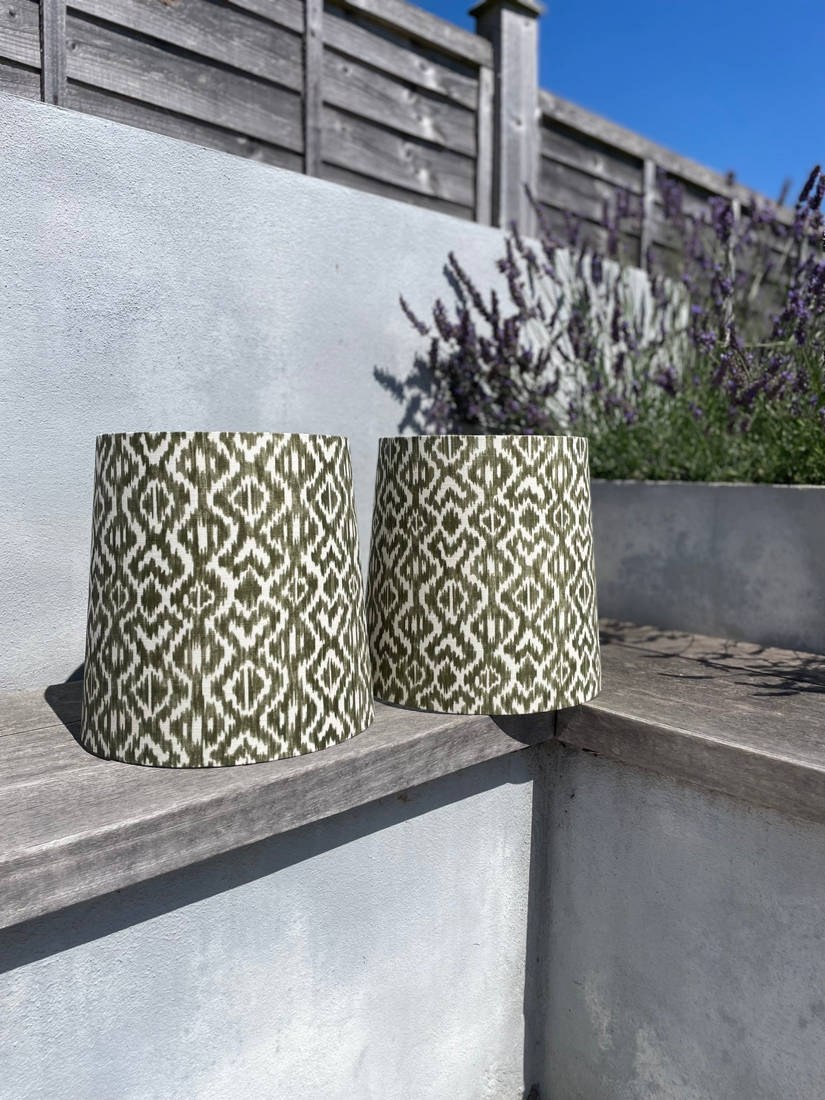 Handmade Empire or Candle Clip Lampshade in Olive Green Ikat pattern